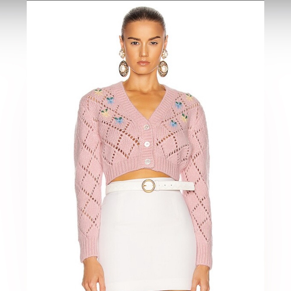 ALLESANDRA RICH Floral Wool Cropped Cardigan Pink Size 36 New